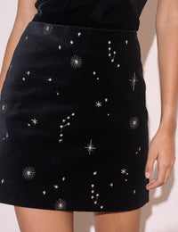 Black Celestial Embroidered Velvet Mini Skirt