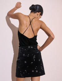 Black Celestial Embroidered Velvet Mini Skirt