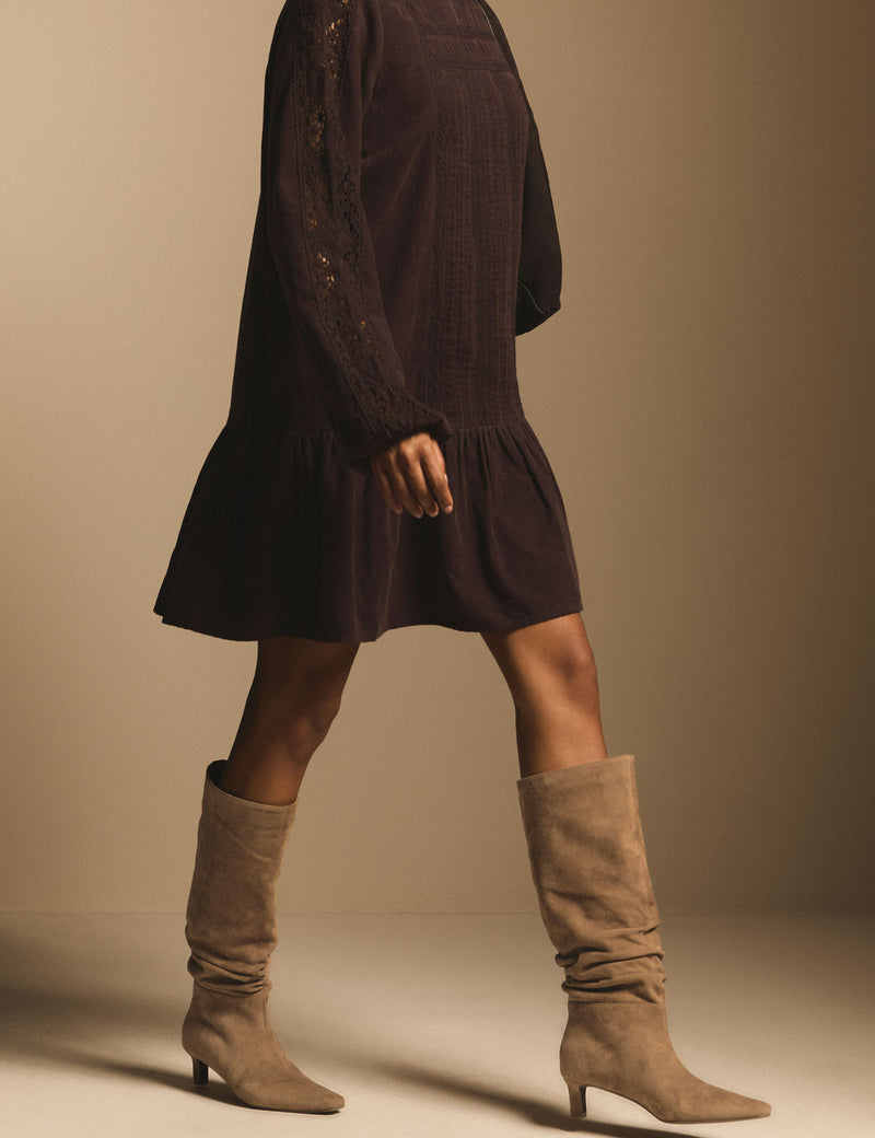 Tan suede slouch knee-high boots