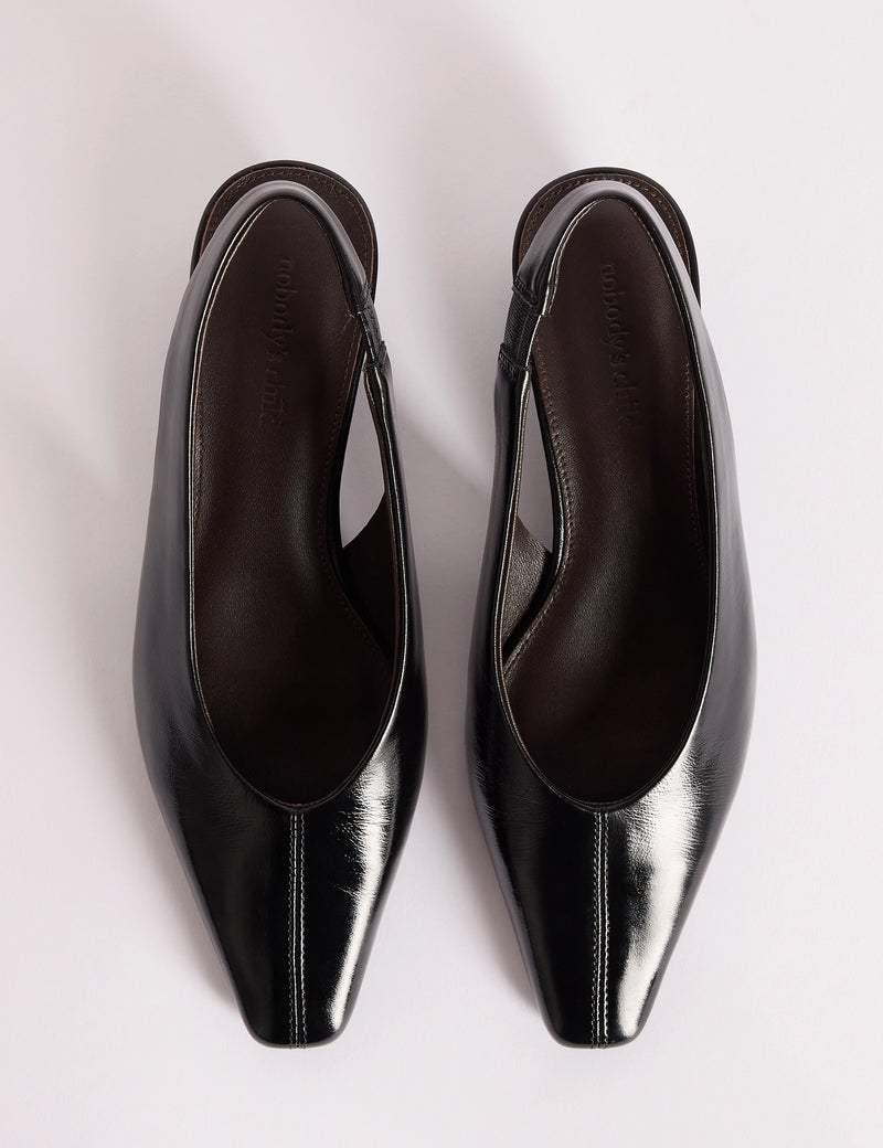 Black Leather Wedge Sling Back Heels