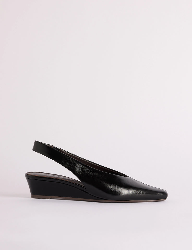 Black Leather Wedge Sling Back Heels