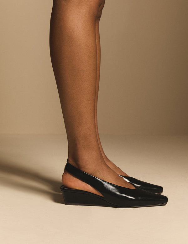 Black Leather Wedge Sling Back Heels