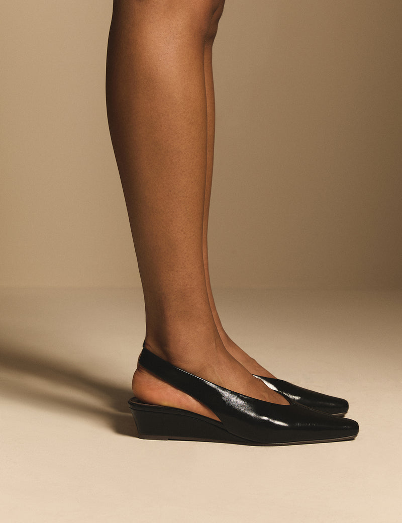 Black Leather Wedge Sling Back Heels