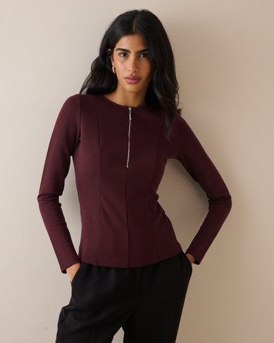 Burgundy Scuba Half Zip Long Sleeve Top