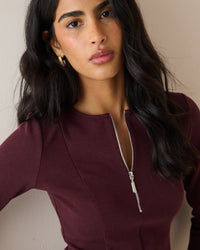 Burgundy Scuba Half Zip Long Sleeve Top