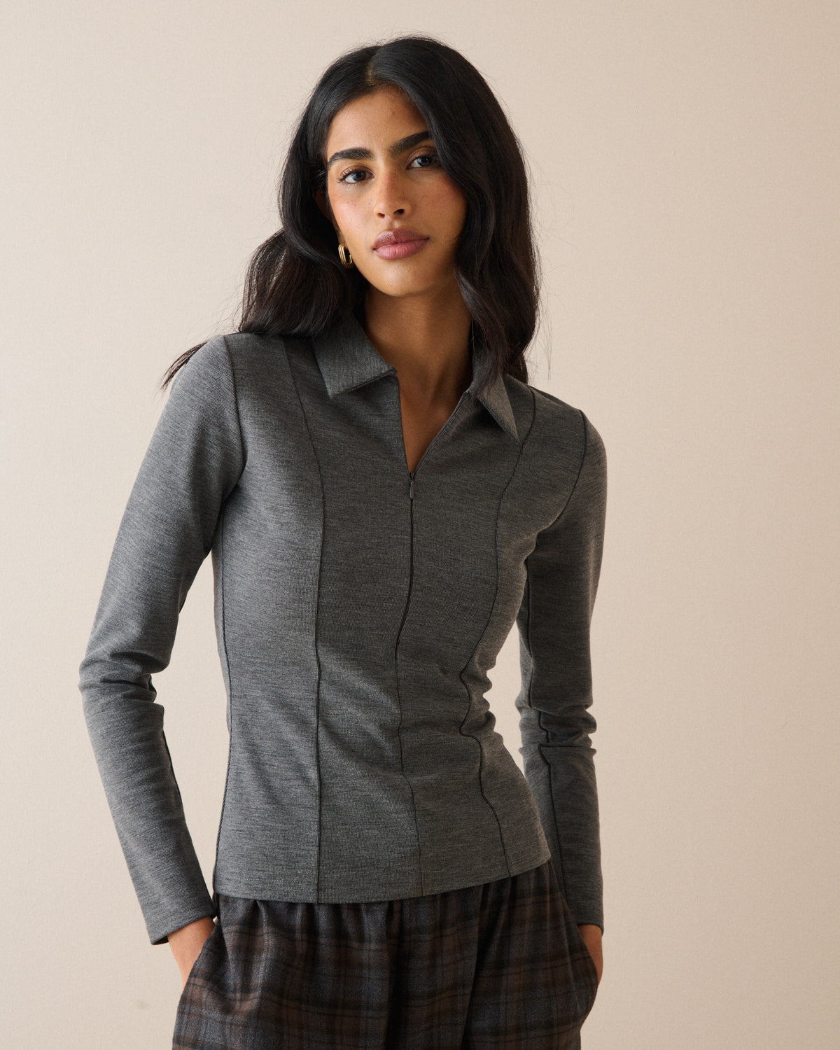 Grey Collared Jersey Top