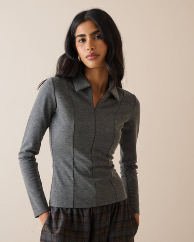 Grey Collared Jersey Top