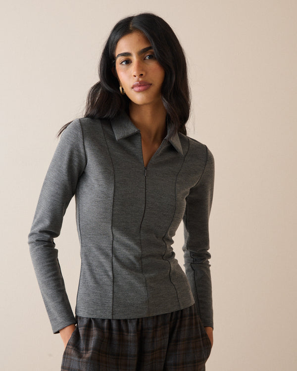 Grey Collared Jersey Top