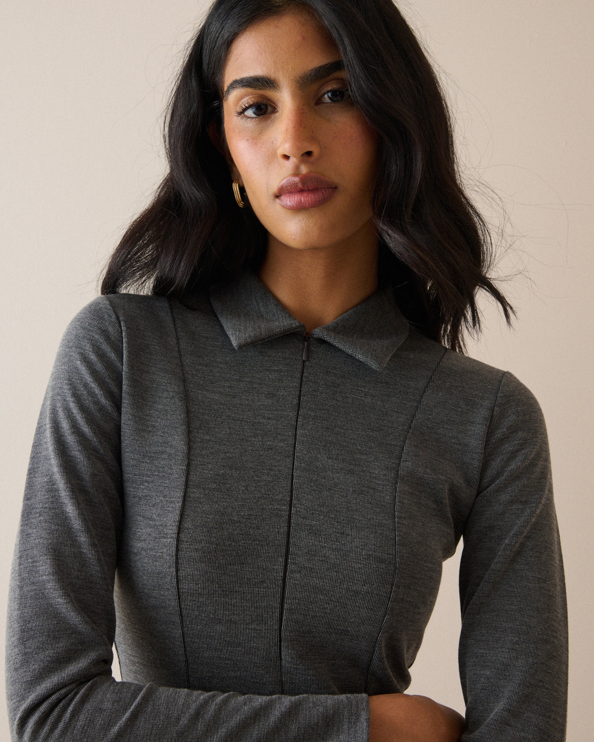 Grey Collared Jersey Top