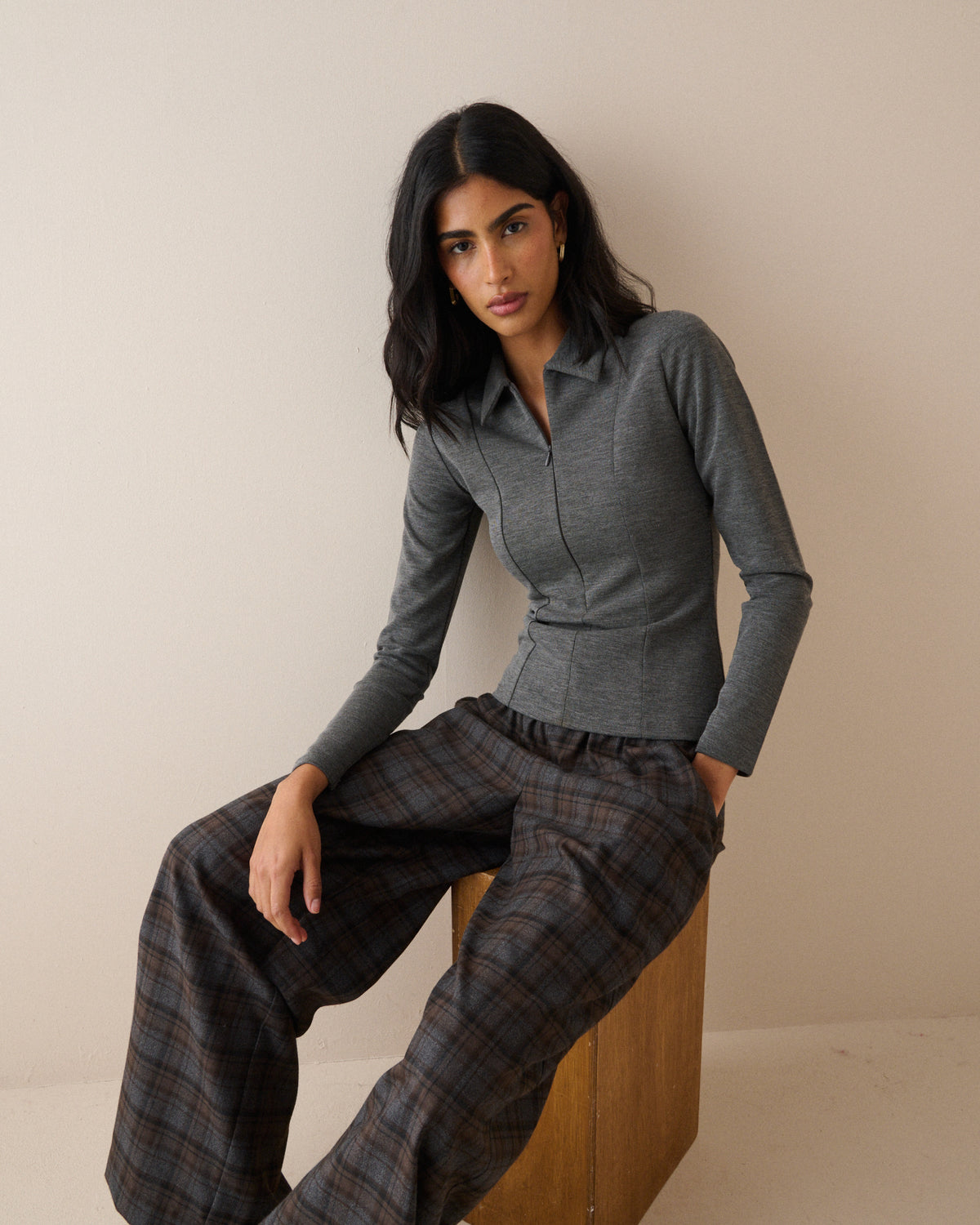 Grey Collared Jersey Top