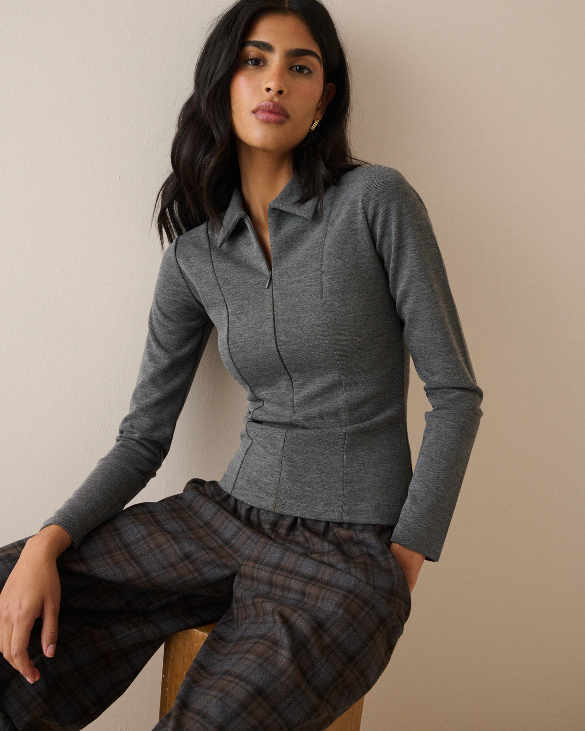 Grey Collared Jersey Top