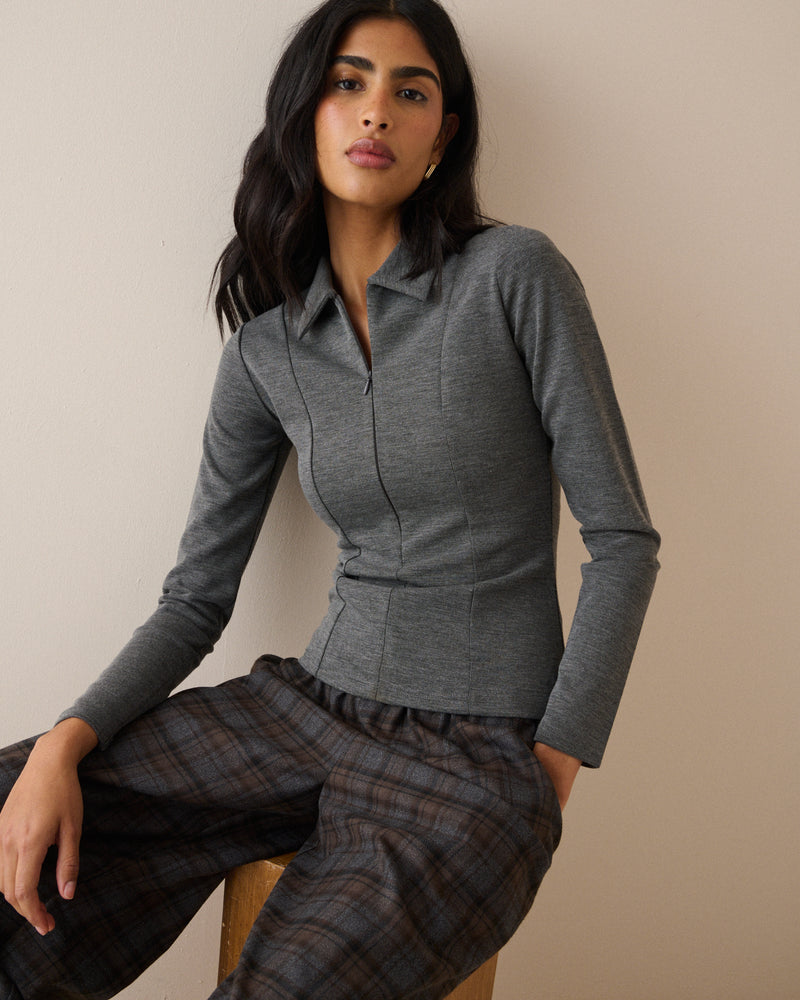 Grey Collared Jersey Top