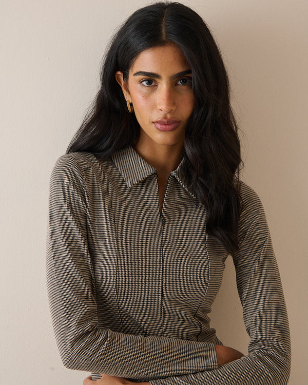 Brown Houndstooth Collared Jersey Top