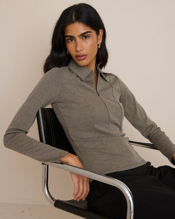 Brown Houndstooth Collared Jersey Top