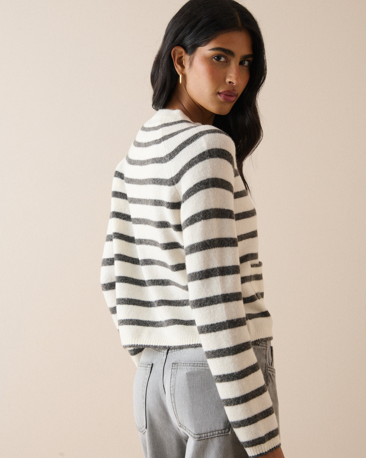 White and Grey Patch Pocket Cardigan