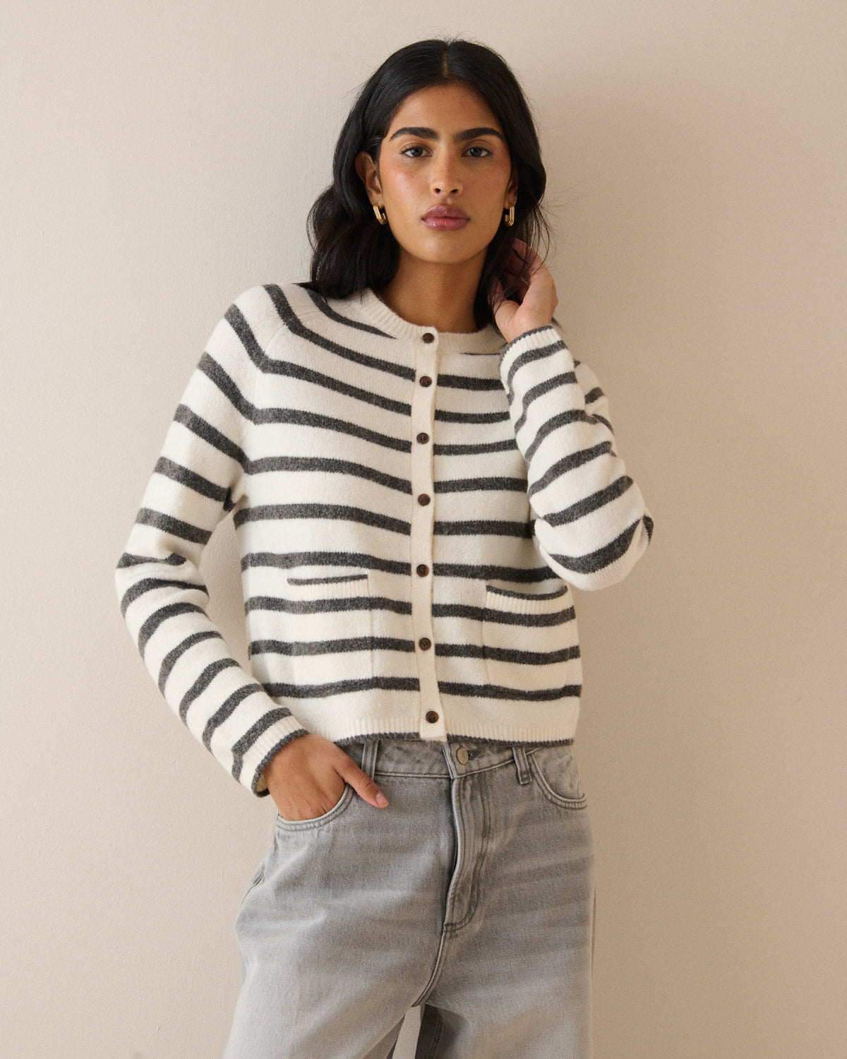 White and Grey Patch Pocket Cardigan