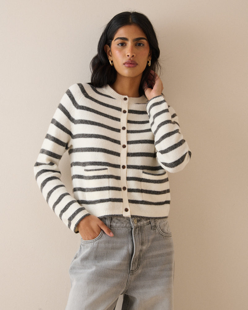 White and Grey Patch Pocket Cardigan