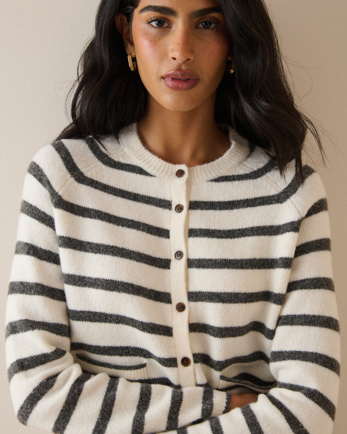 White and Grey Patch Pocket Cardigan