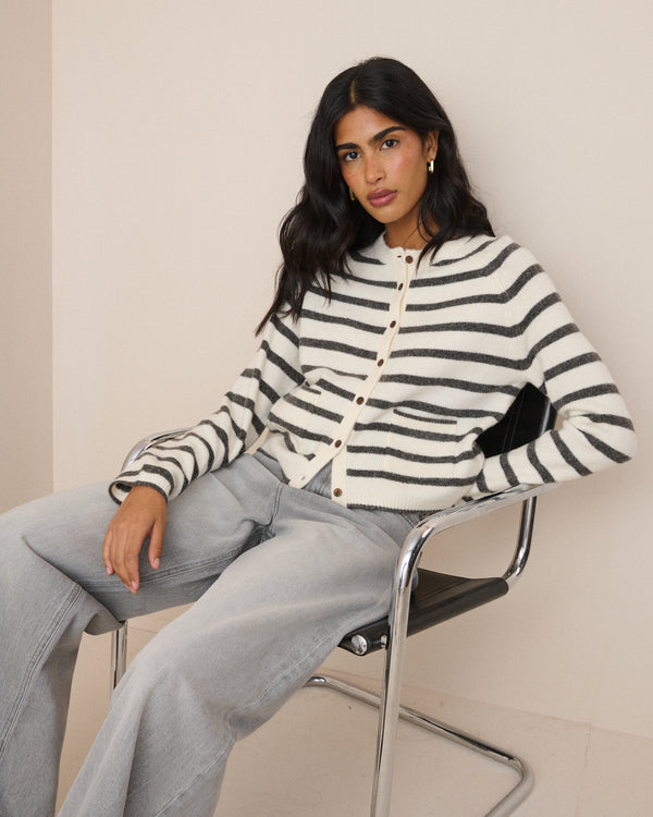 White and Grey Patch Pocket Cardigan