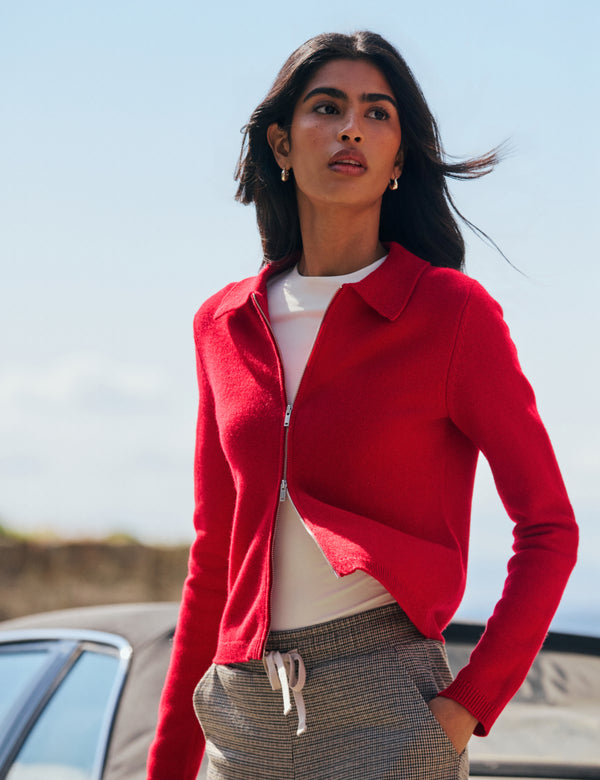 Red Zip Through Wool Cardigan