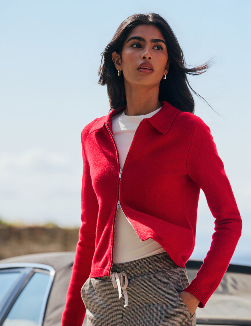 Red Zip Through Wool Cardigan