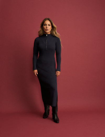 Navy Ribbed Knitted Midi Dress