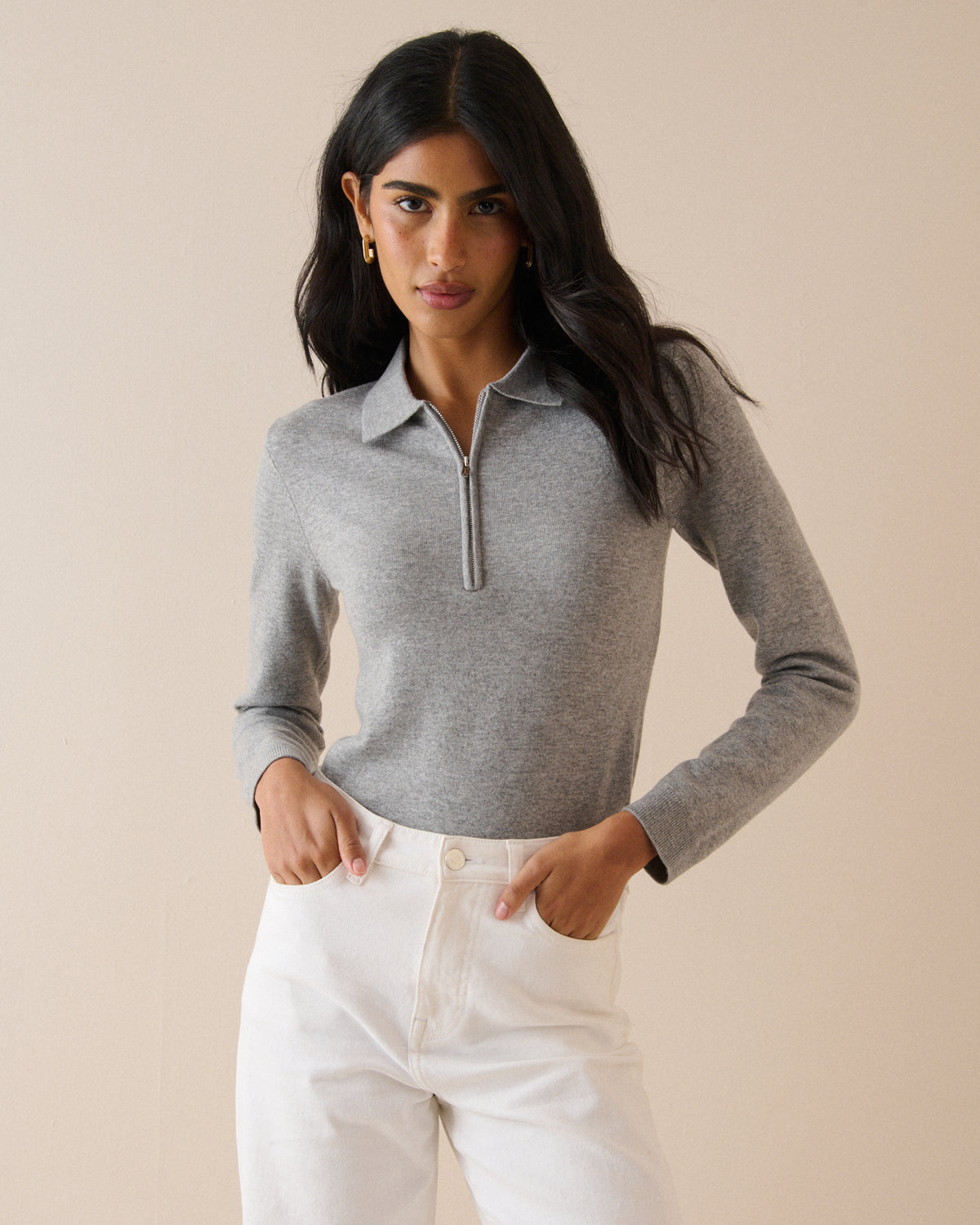 Grey Half Zip Polo Top