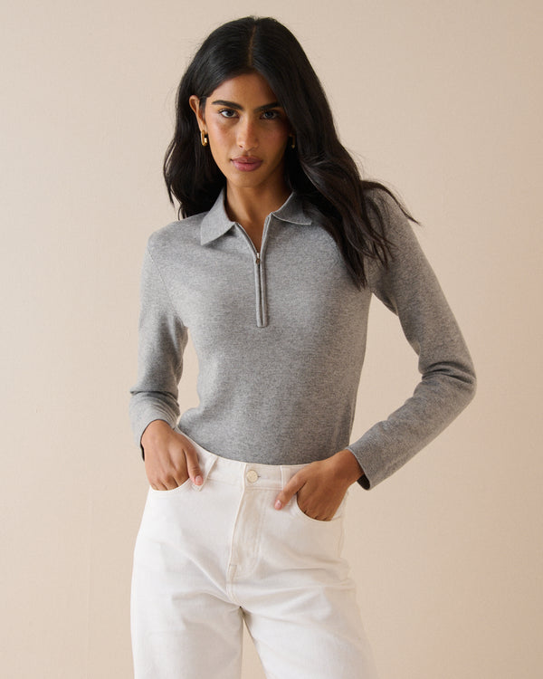 Grey half zip polo top with long sleeves