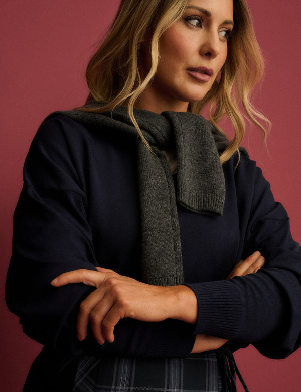 Navy V Neck Ribbed Trim Jumper