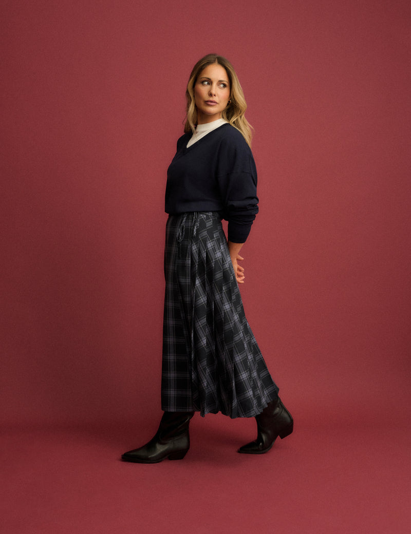 Navy Tartan Pleated Midi Skirt