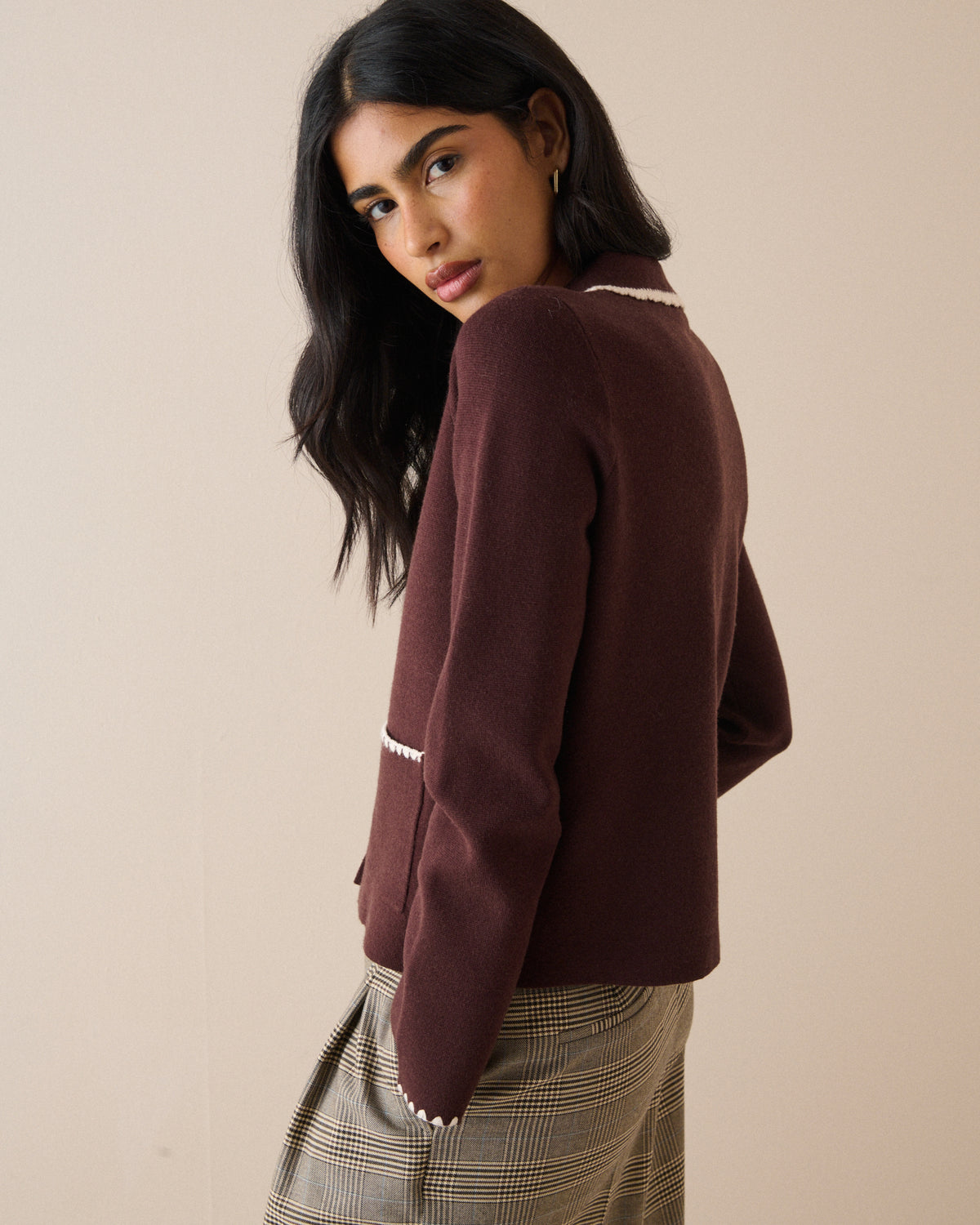 Brown Contrast Trim Crochet Cardigan