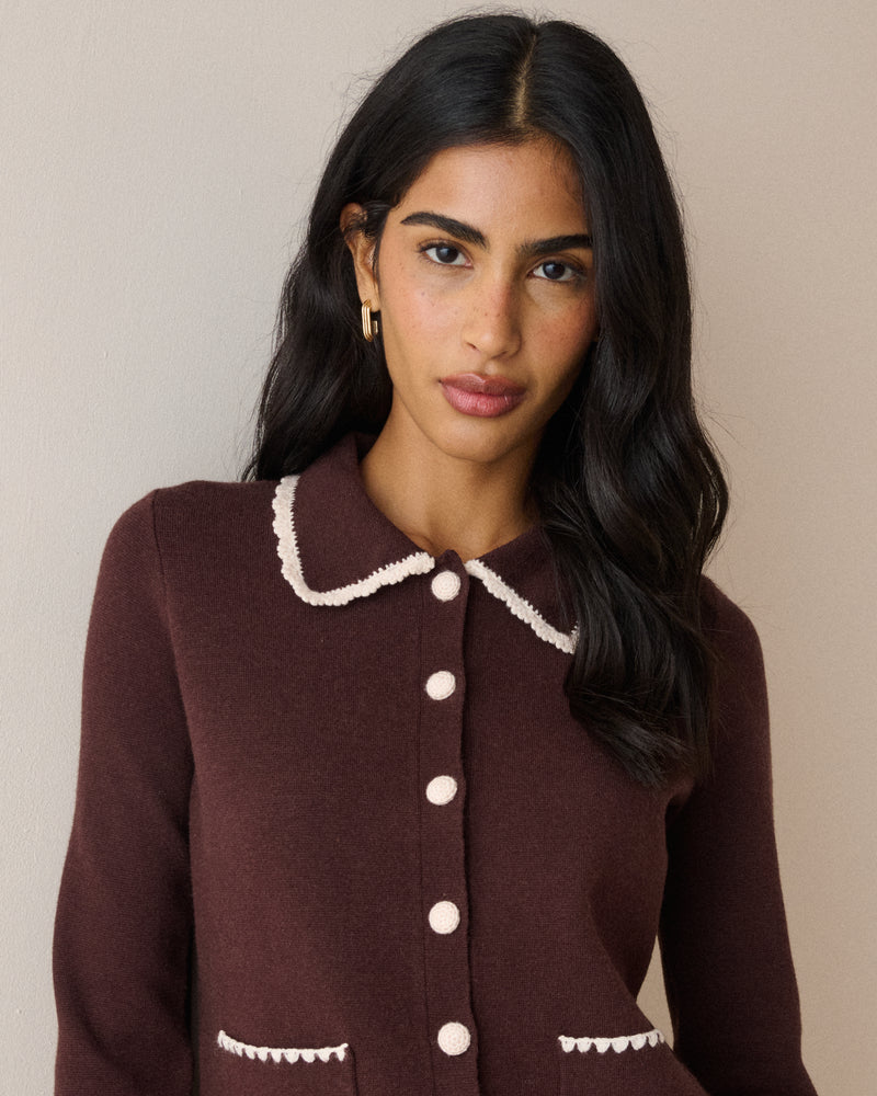 Brown Contrast Trim Crochet Cardigan