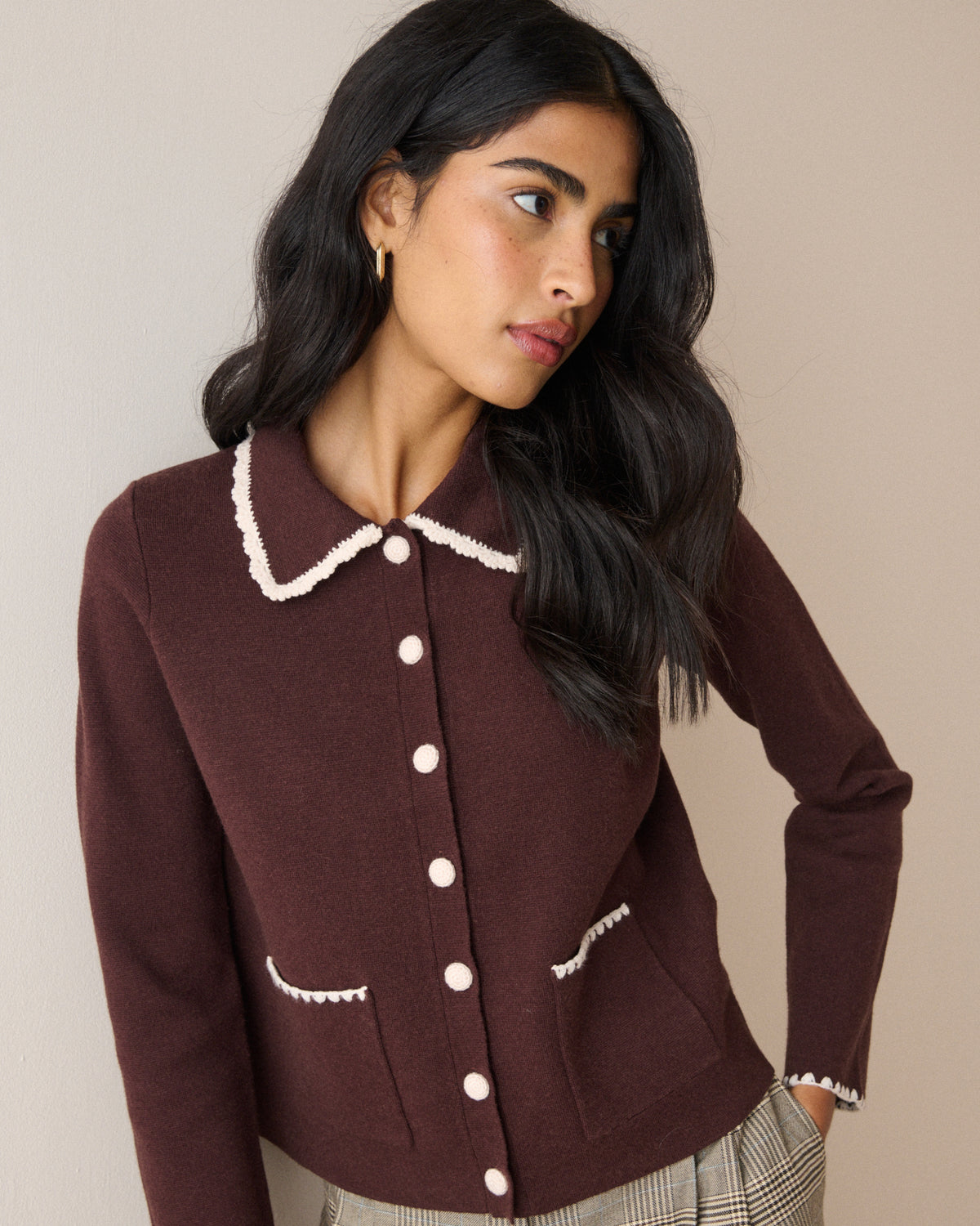 Brown Contrast Trim Crochet Cardigan
