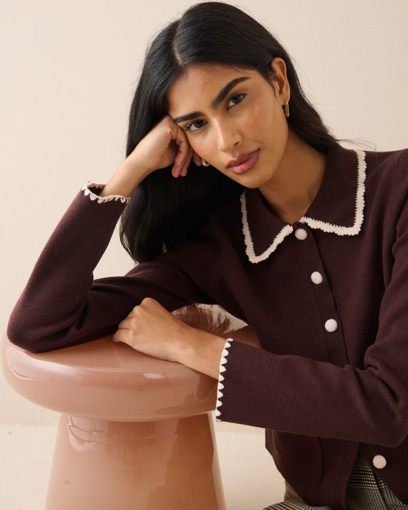 Brown Contrast Trim Crochet Cardigan