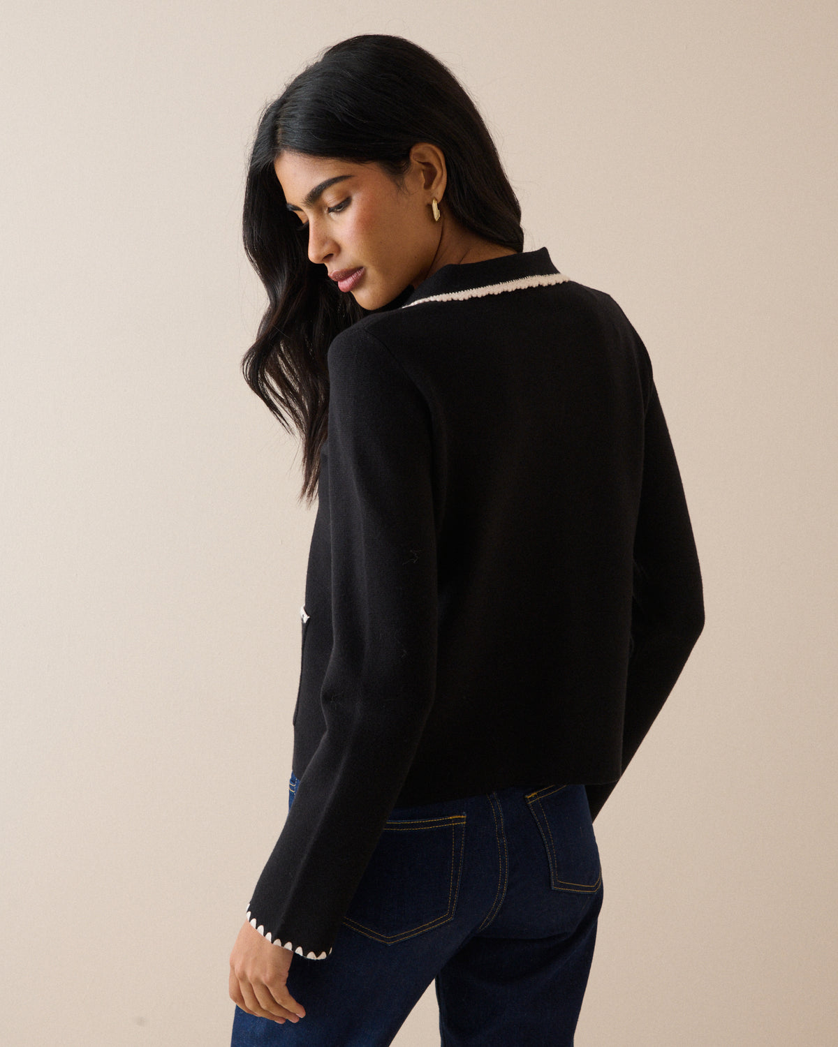 Black Contrast Trim Crochet Cardigan