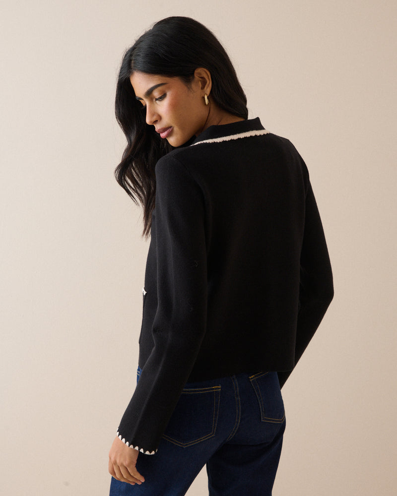 Black Contrast Trim Crochet Cardigan