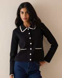 Black Contrast Trim Crochet Cardigan