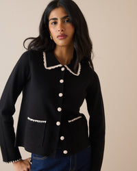 Black Contrast Trim Crochet Cardigan
