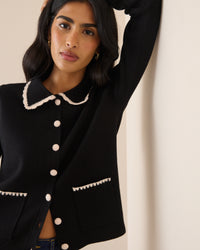 Black Contrast Trim Crochet Cardigan