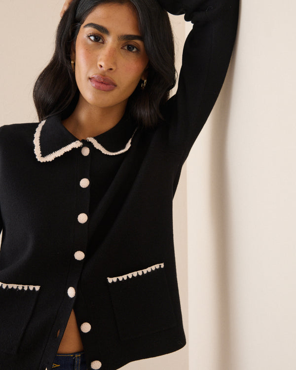 Black Contrast Trim Crochet Cardigan