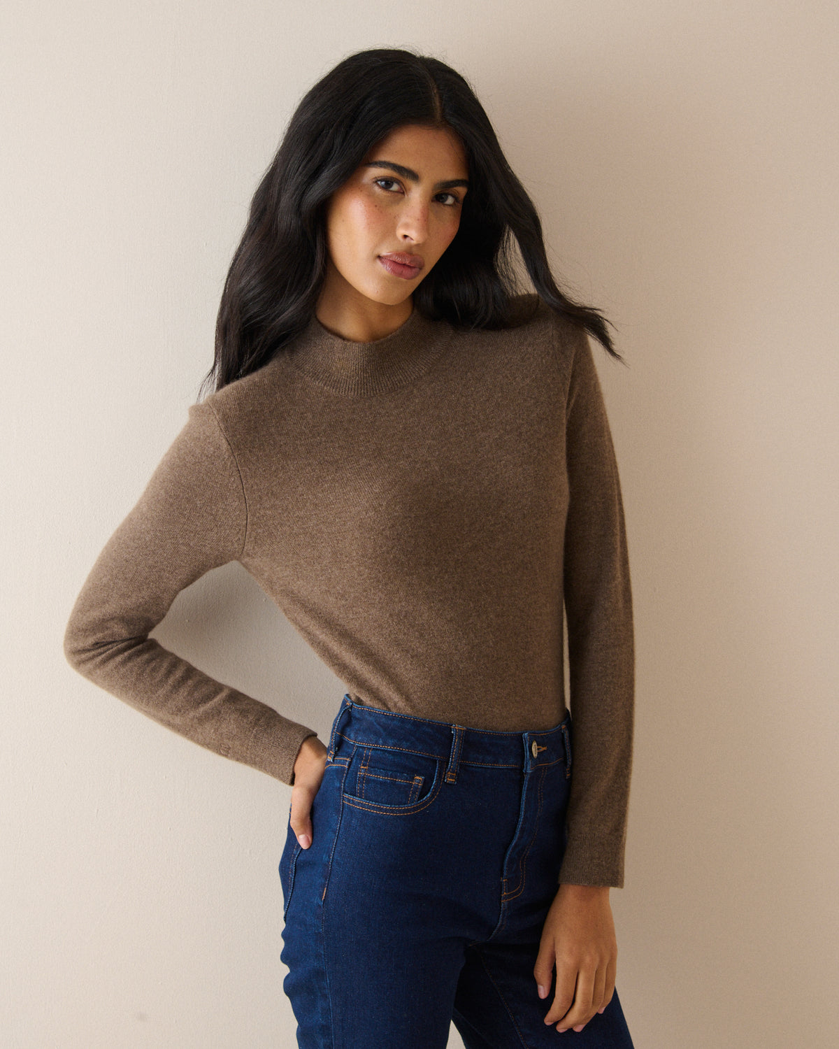 Brown Cashmere Grown On Neck Jumper