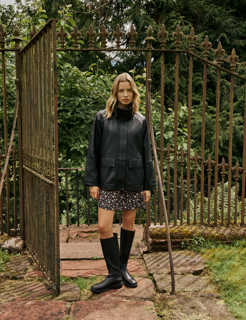 Black Leather Funnel Neck Langham Jacket