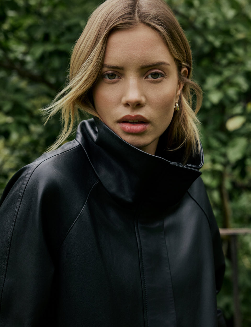 Black Leather Funnel Neck Langham Jacket