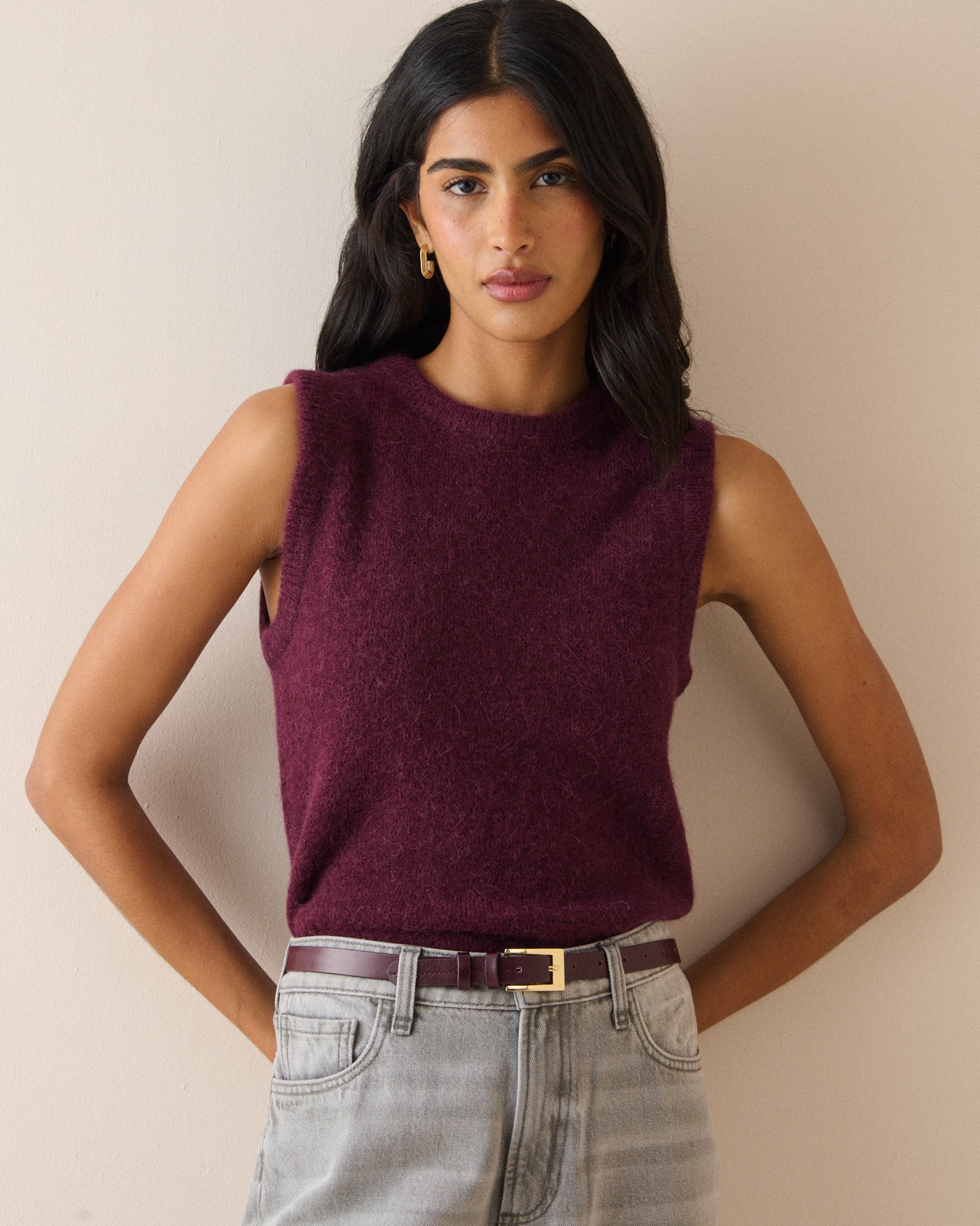 Burgundy Ribbed Trim Knitted Vest