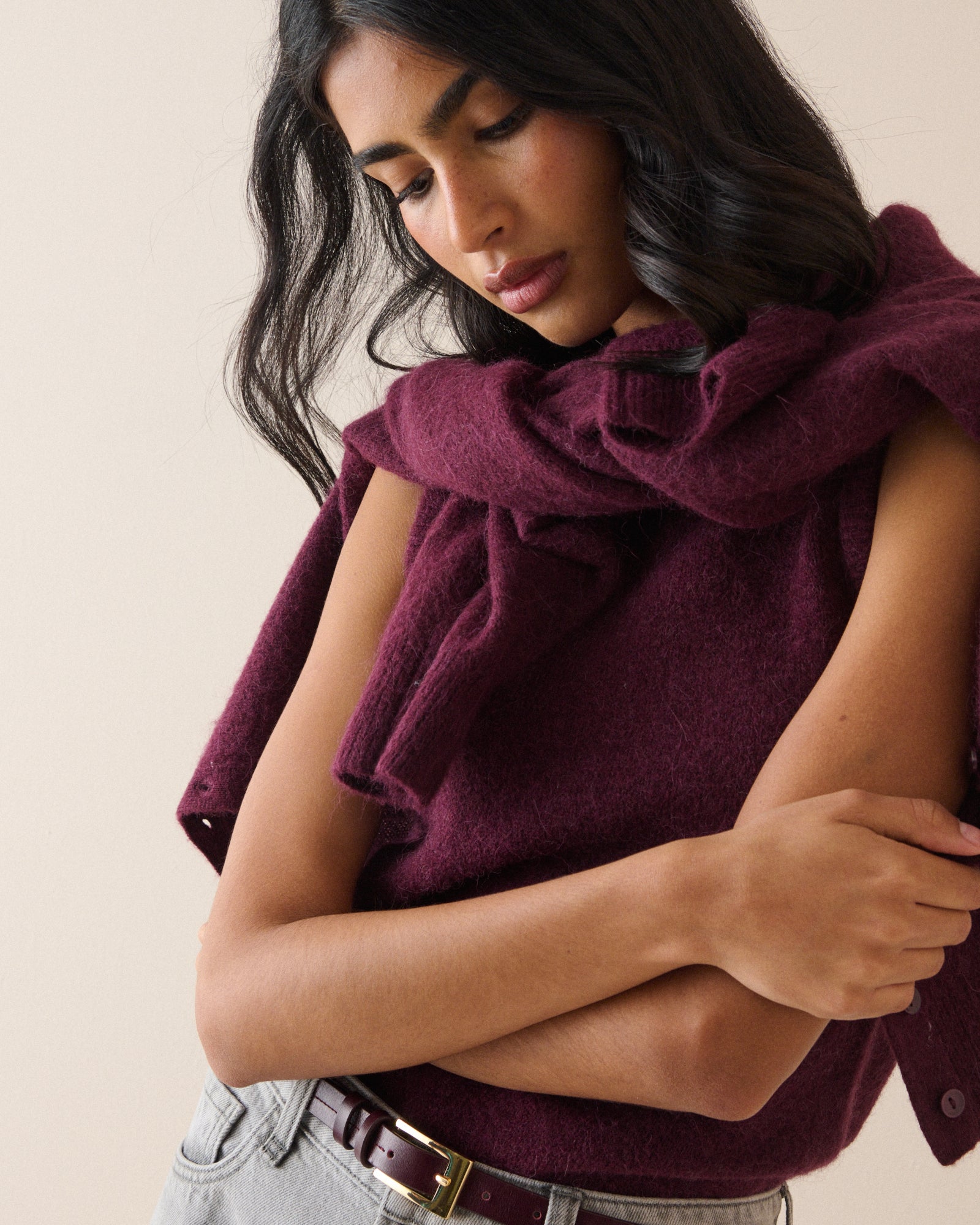 Burgundy Ribbed Trim Knitted Vest