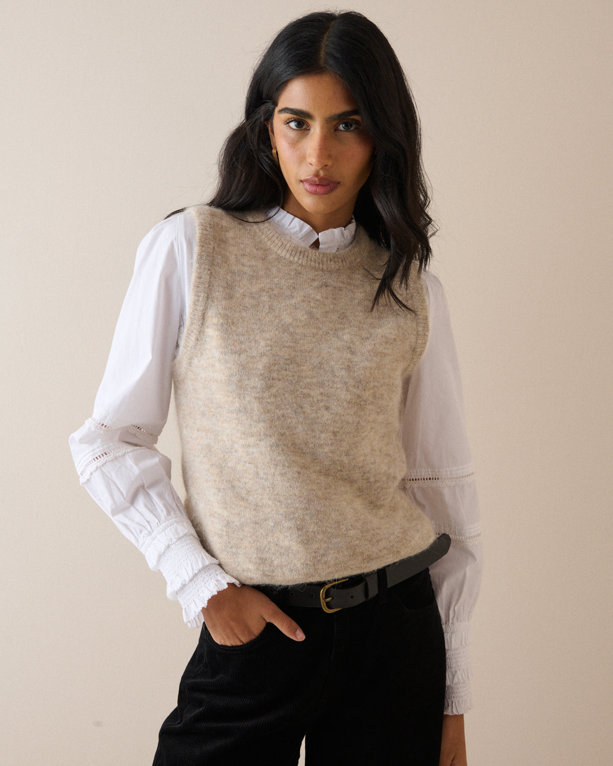 Oatmeal Marl Ribbed Trim Knitted Vest