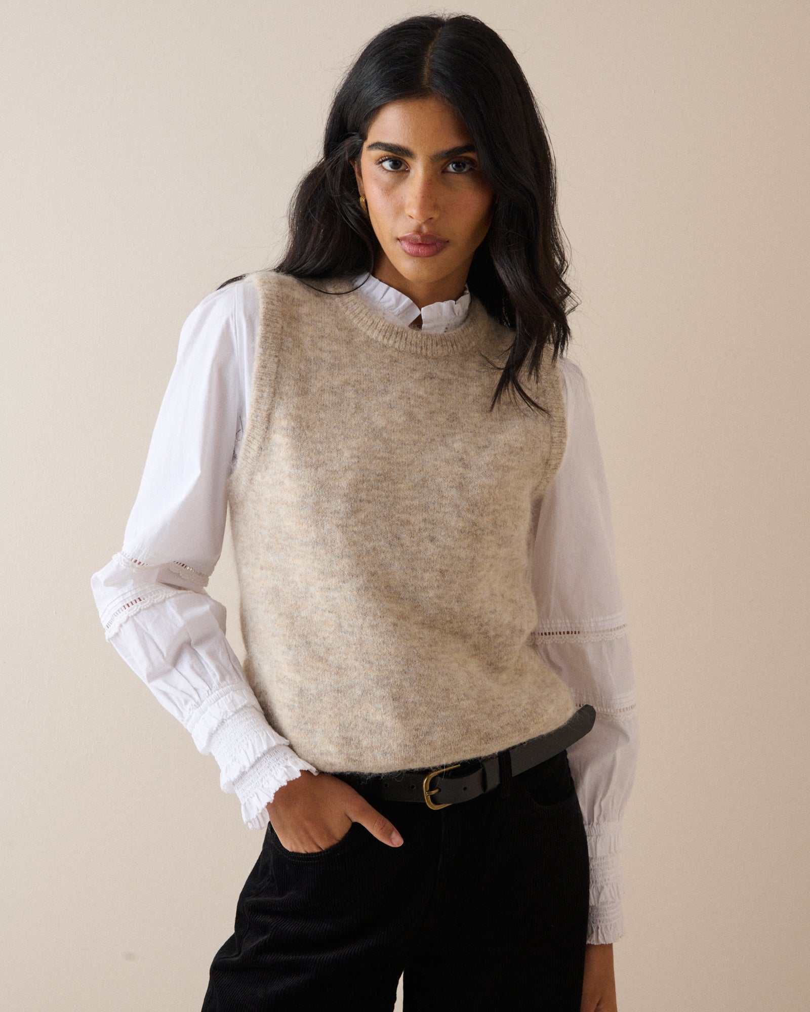 Oatmeal Marl Ribbed Trim Knitted Vest