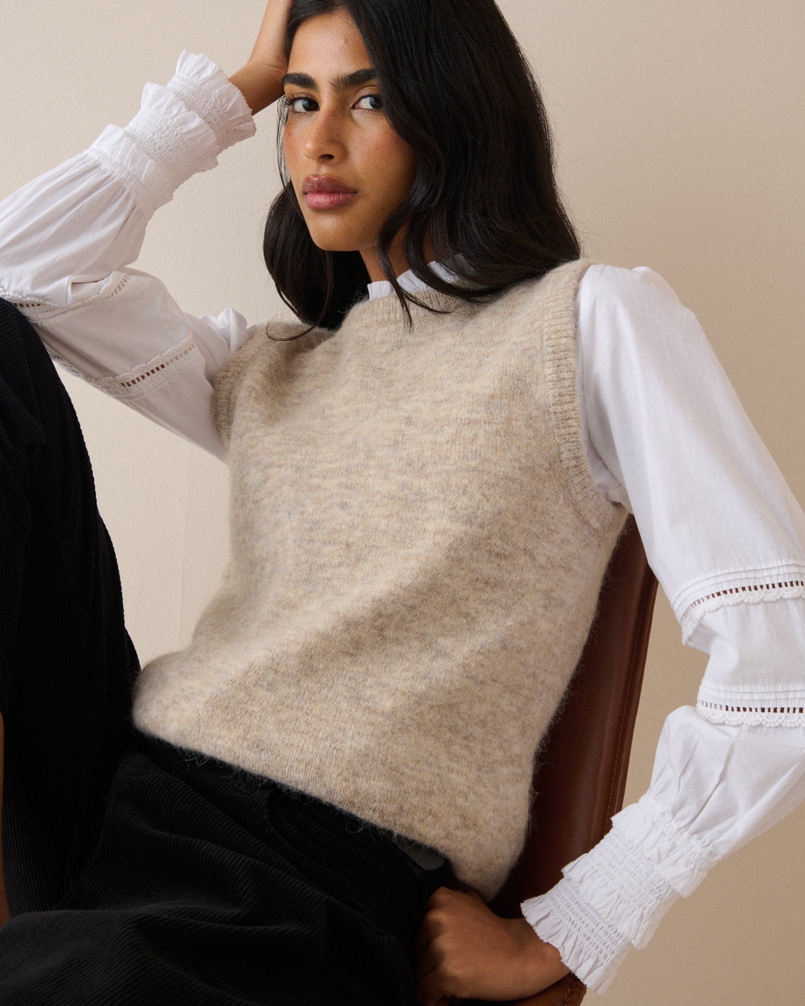 Oatmeal Marl Ribbed Trim Knitted Vest