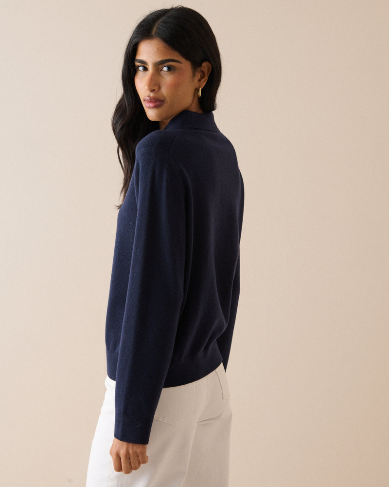 Navy Knitted Polo Top