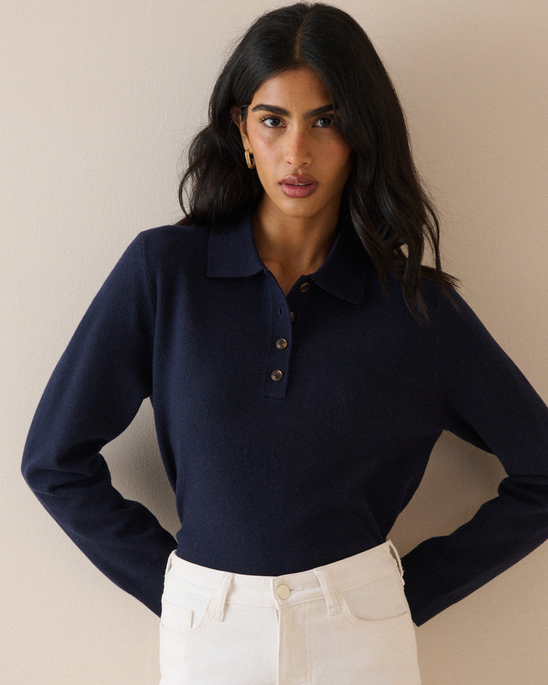 Navy Knitted Polo Top
